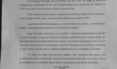 El Sindicato Municipal de San Juan resolvió no adherir al paro convocado por CGT para el 24 de Enero