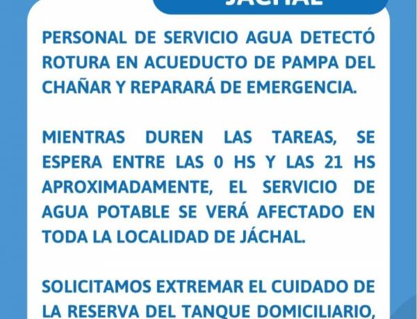 Suspenden las clases en escuelas de Jáchal por el corte de agua anunciado por Obras Sanitarias