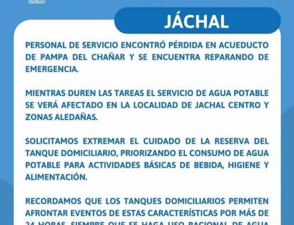 Acueducto Pampa del Chañar: Dos días sin agua en gran parte de Jáchal y el malestar de los usuarios