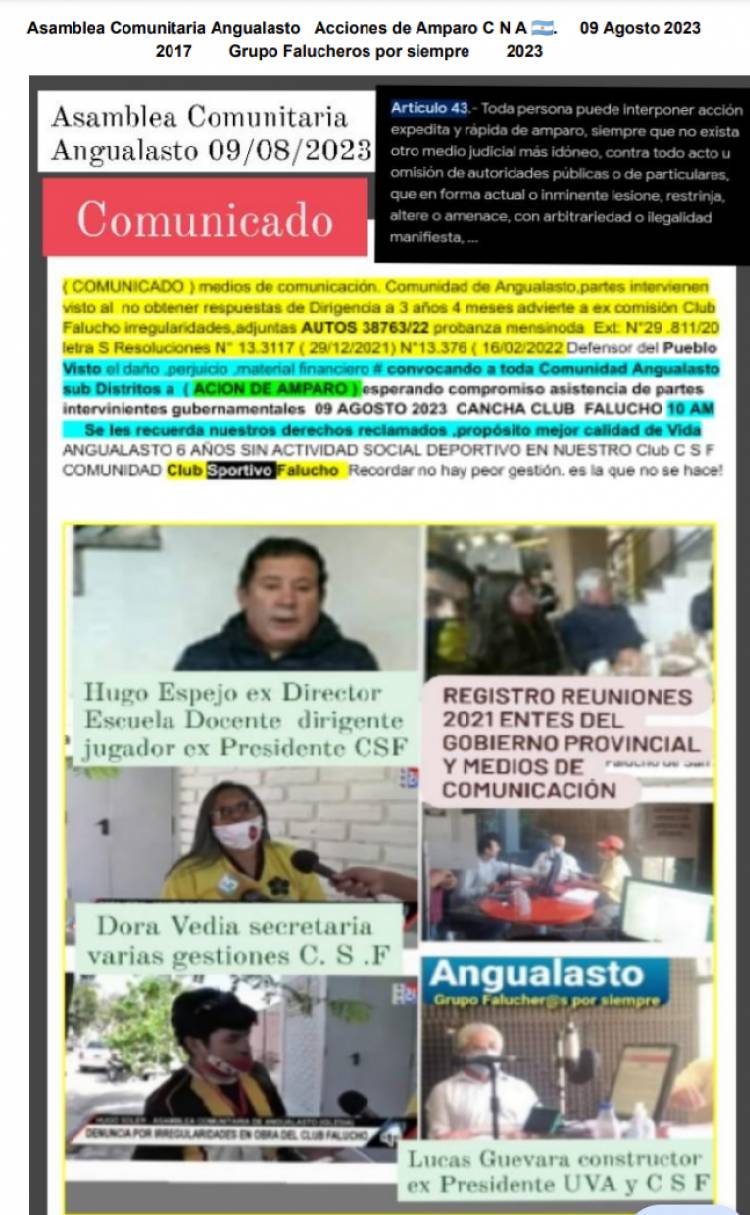Asamblea Comunitaria de Angualasto, Club Falucho: “Nosotros queremos que el pueblo se informe de lo que pasa y que den respuesta todas las partes que intervinieron en su momento y que se le dé una solución a todo esto por parte del gobierno de San Juan”