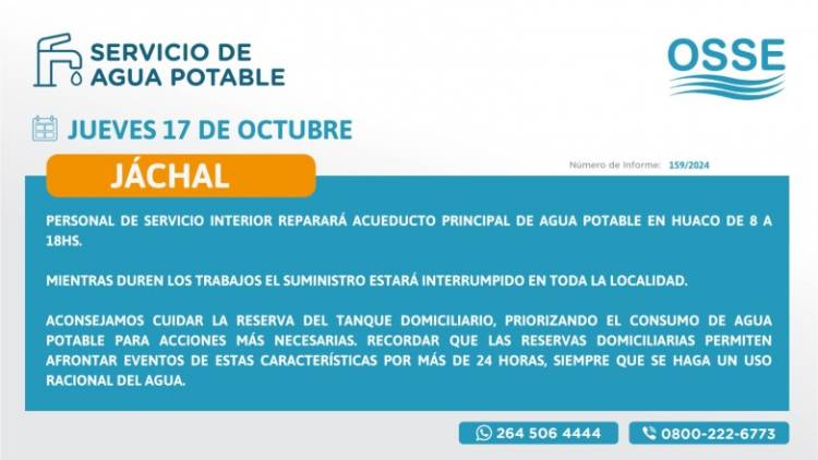 OSSE reparará el acueducto de agua potable de Huaco en Jáchal