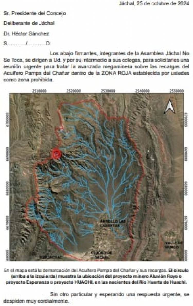 Asamblea Jáchal No Se Toca: Pedido de reunión urgente para tratar la avanzada megaminera sobre la “zona roja” de la Ordenanza Nº 3172 que protege el Acuífero de Huachi