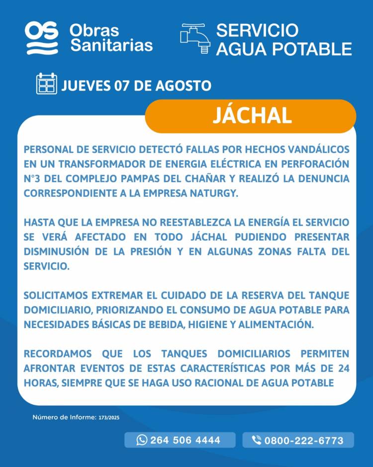 OSSE informa. Por hechos vandalicos el servicio se verá afectado en todo Jáchal: Se robaron 3 transformadores en Pampa del Chañar