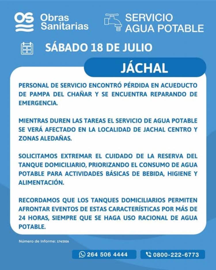 Acueducto Pampa del Chañar: Dos días sin agua en gran parte de Jáchal y el malestar de los usuarios